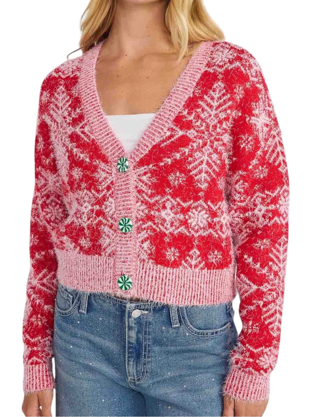 NO BOUNDARIES Red & White Fuzzy Snowflake Cardigan with Peppermint Buttons NWT